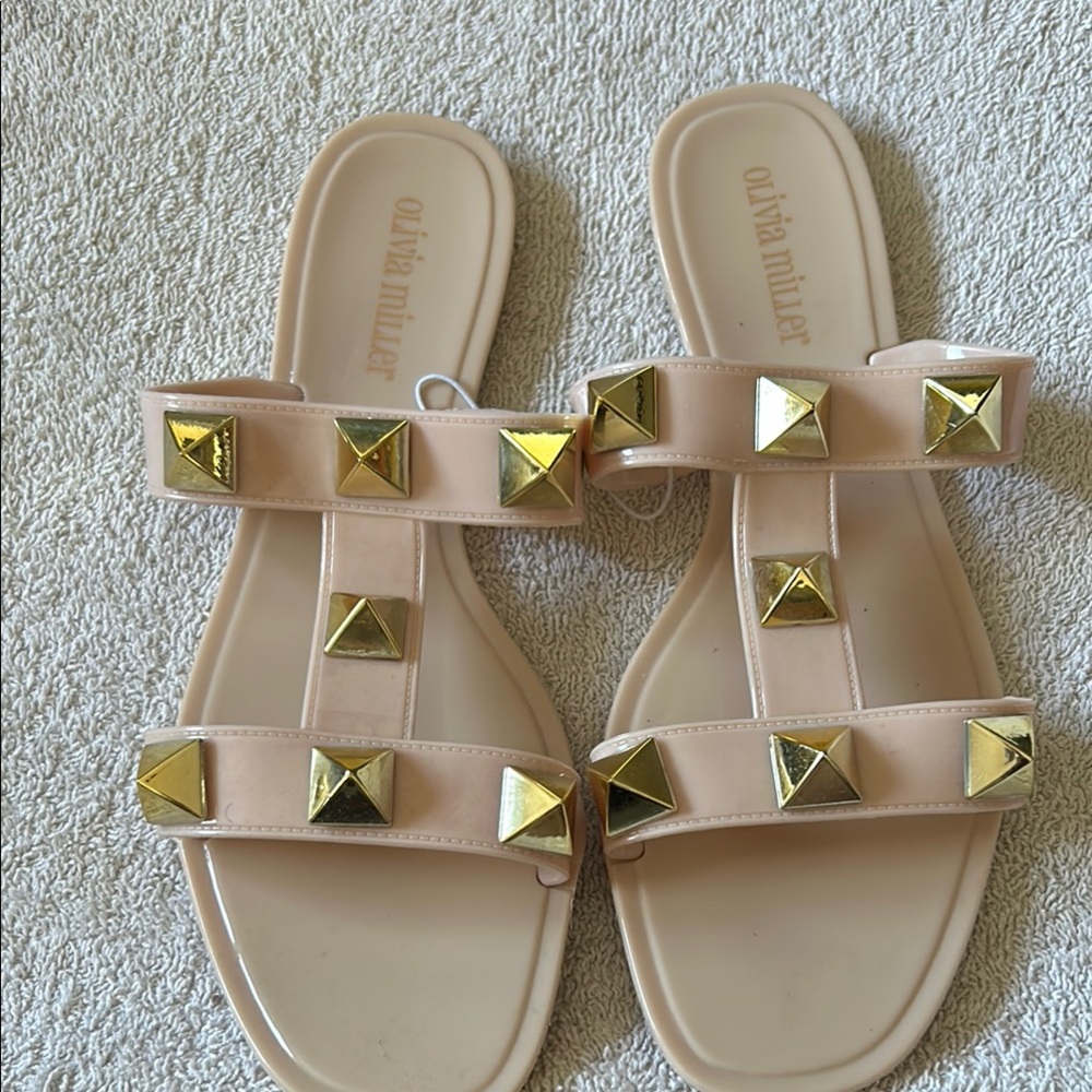 Olivia Miller Nude Sandals with Gold Studs - Picture 1 of 3